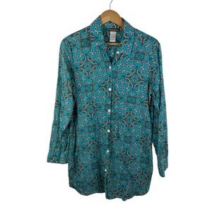 Tommy Bahama Blue Damask Scroll Cotton Button Up Tunic Top Large Cover Up Beachy